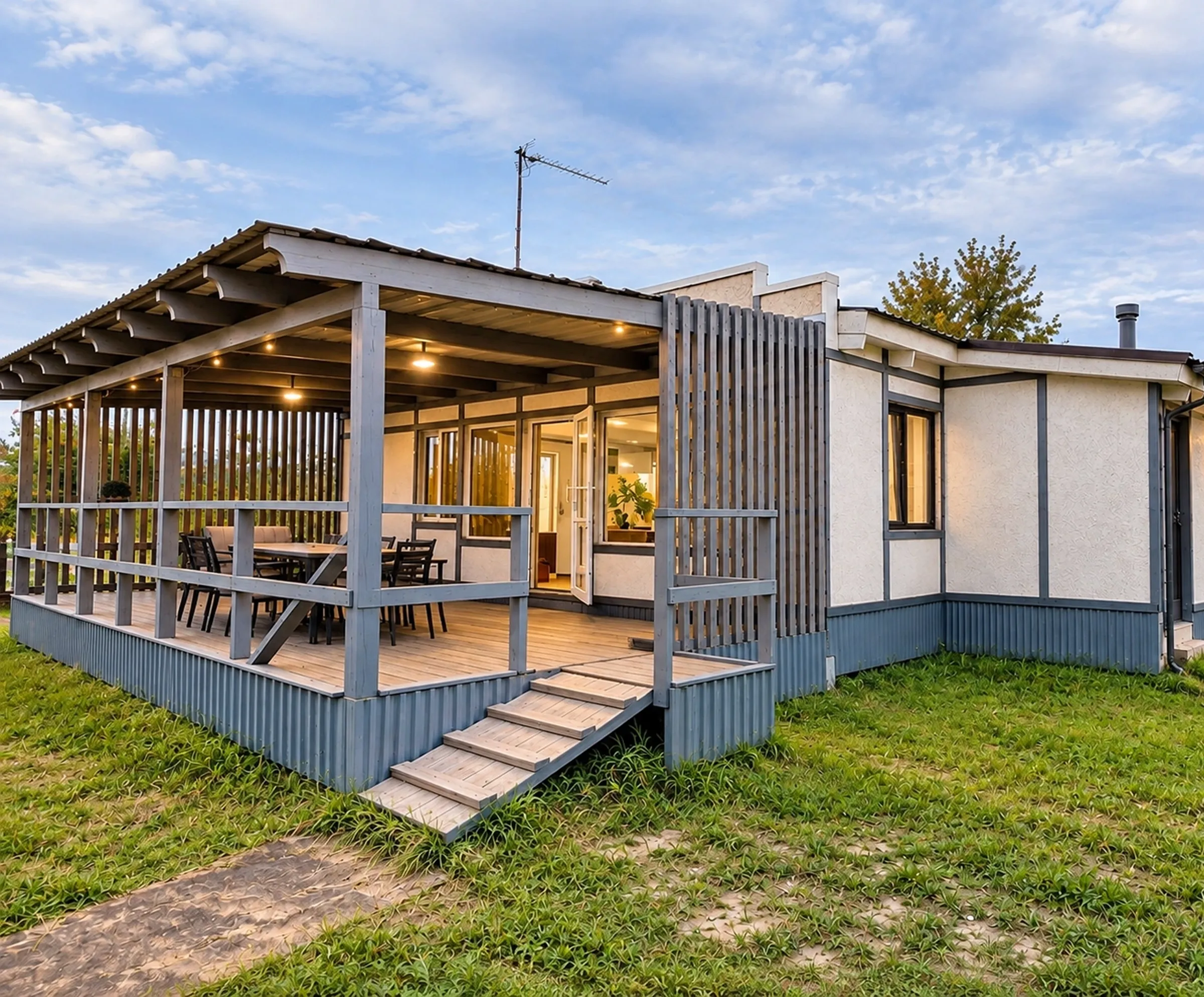 Дом с верандой в вечерней подсветке